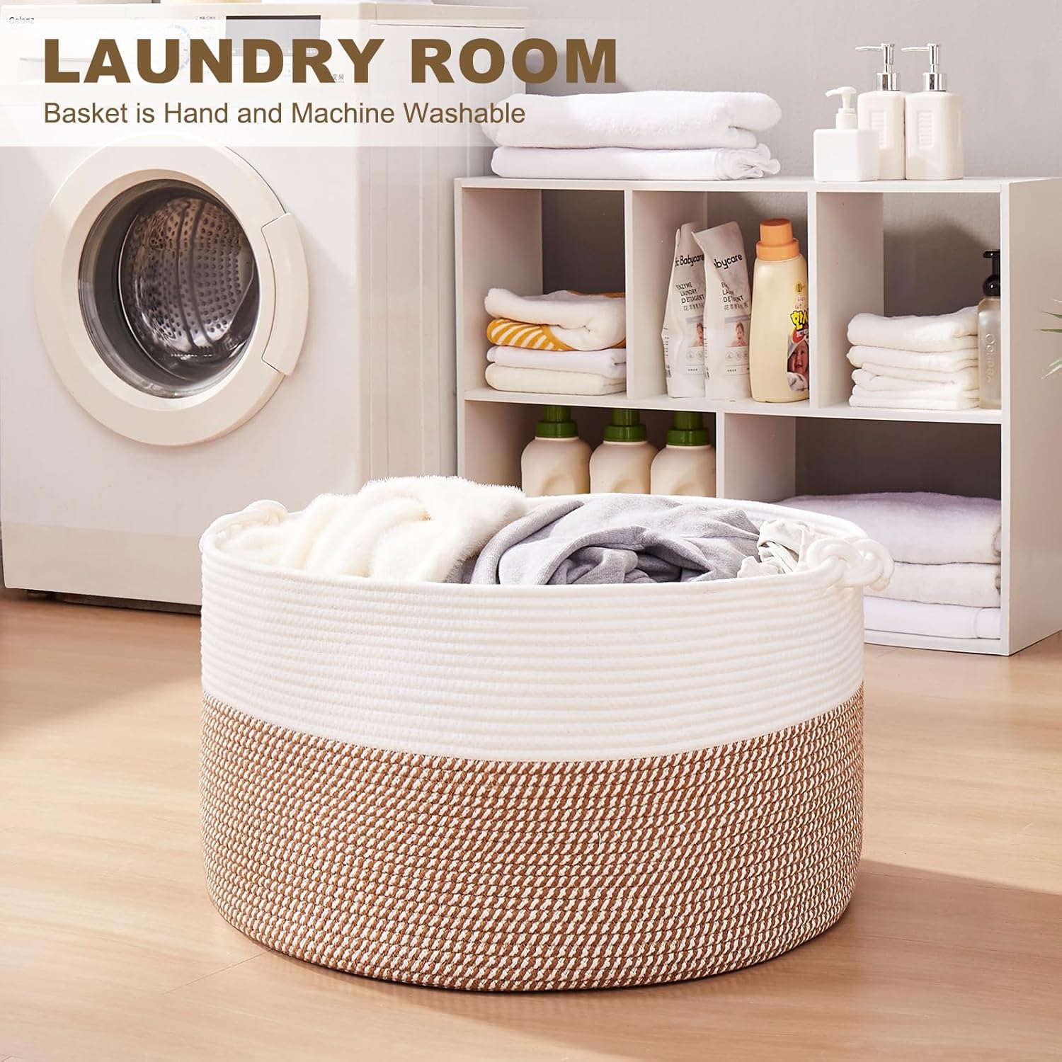 OIASKET Large Blanket Storage Basket for Living Room, 22.8" x 22.8" x 13" Woven Cotton Rope Basket with Handles, Baby Toy Storage, Laundry Hamper for Clothes, Pillows, Towels-Yellow and White