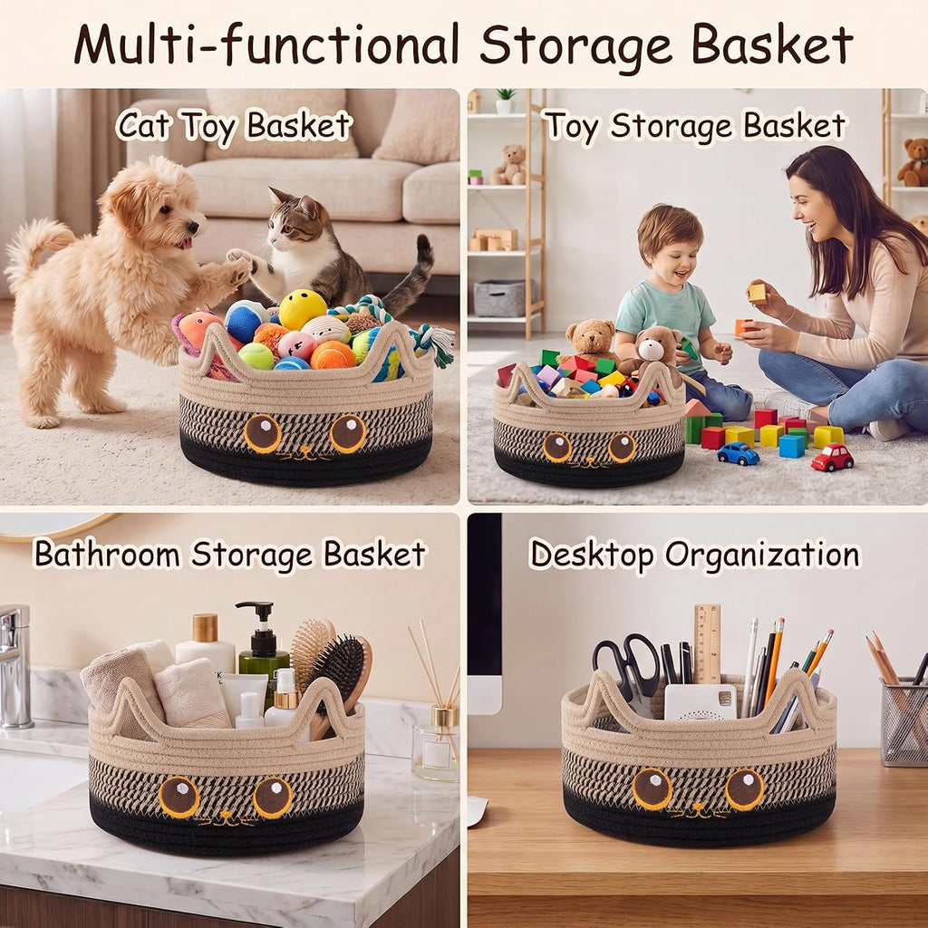 Small Cotton Rope Storage Basket,Round Cat Toy Basket,Beige & Black | Cute Decorative Dog Toy basket, Toy Bin for Baby, Pet, Gift Basket for Halloween, Baby Shower , 11"×11"×4.7"