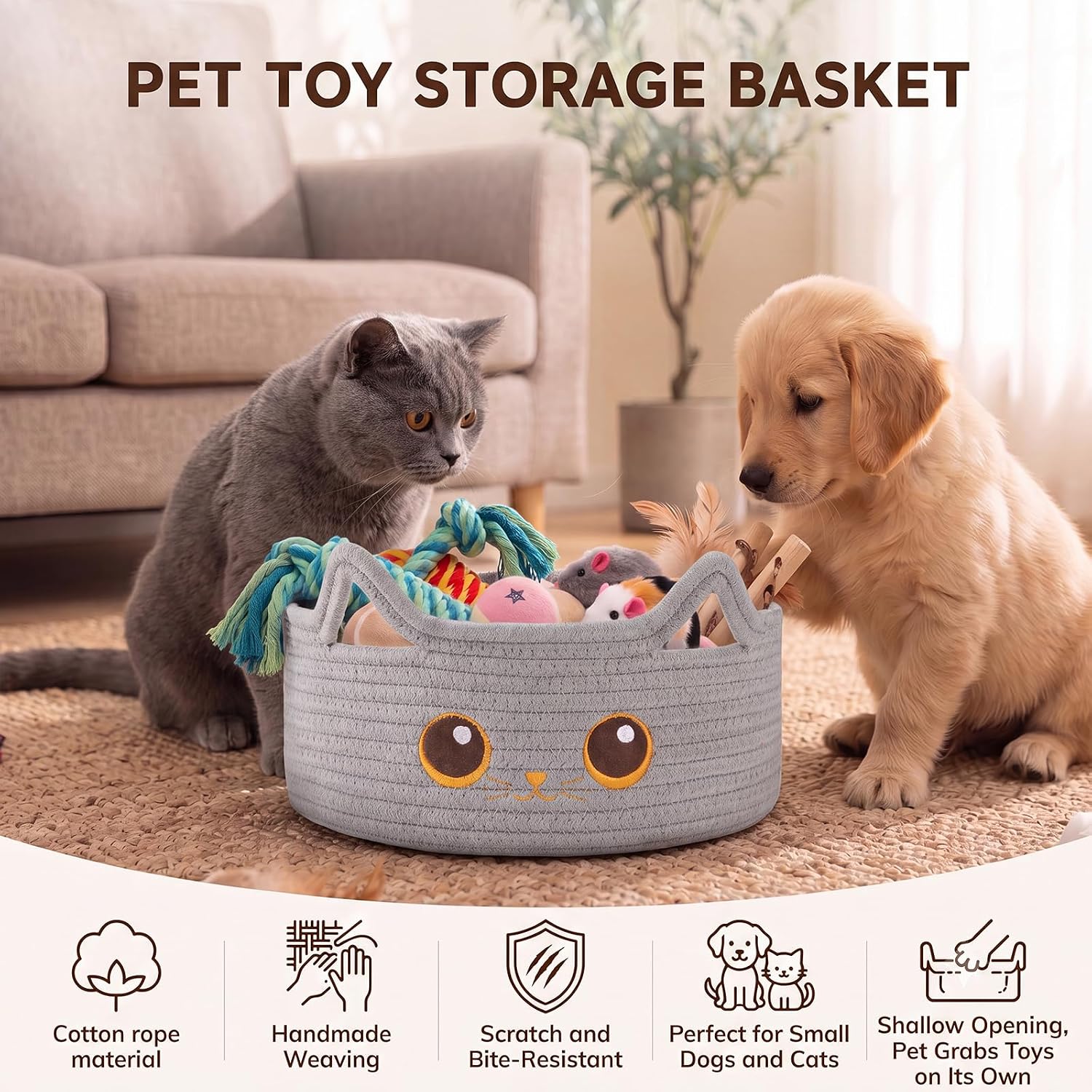 Small Cotton Rope Storage Basket,Round Cat Toy Basket for Living Room, Gray | Cute Decorative Dog Toy Basket, Toy Bin for Baby, Pet, Gift Basket for Halloween, Baby Shower , 11"×11"×4.7"