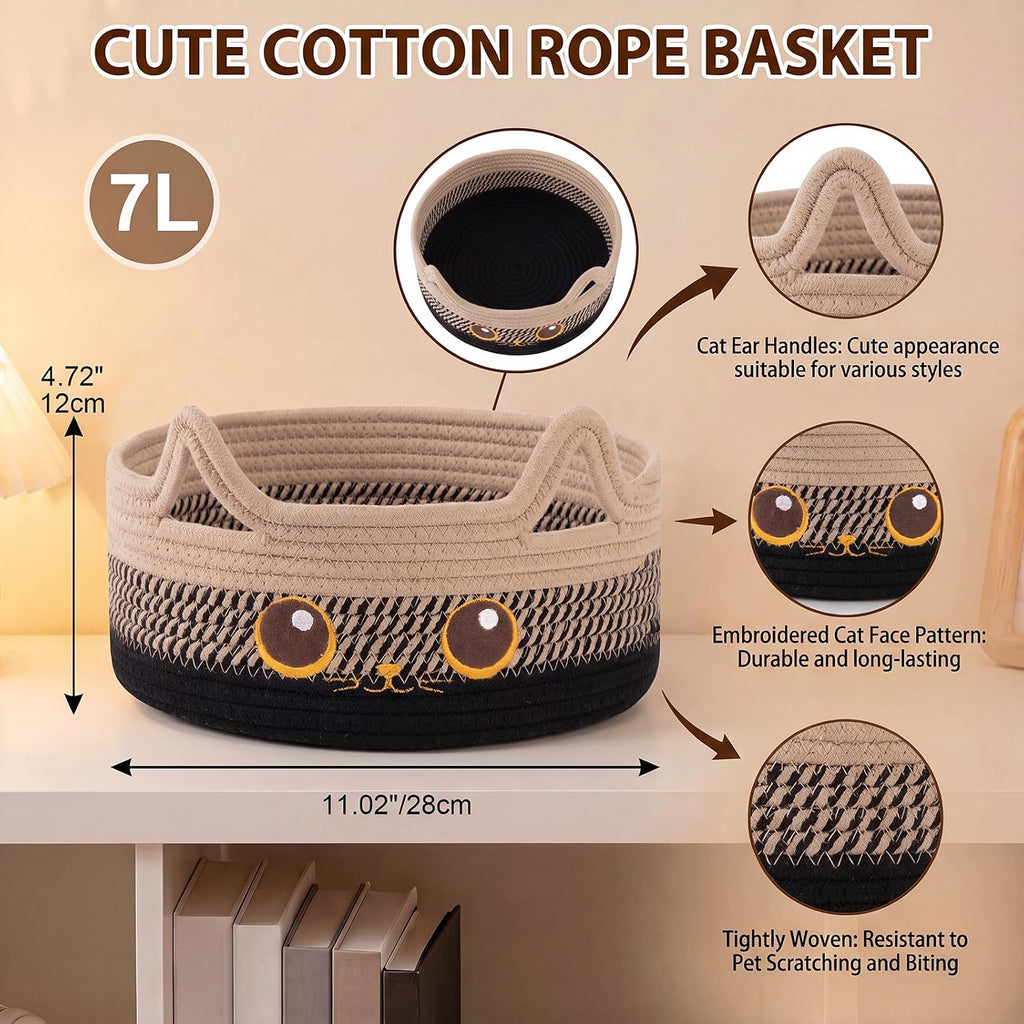 Small Cotton Rope Storage Basket,Round Cat Toy Basket,Beige & Black | Cute Decorative Dog Toy basket, Toy Bin for Baby, Pet, Gift Basket for Halloween, Baby Shower , 11"×11"×4.7"