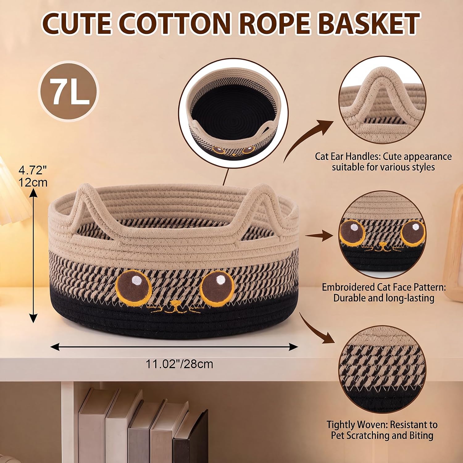 Small Cotton Rope Storage Basket,Round Cat Toy Basket,Beige & Black | Cute Decorative Dog Toy basket, Toy Bin for Baby, Pet, Gift Basket for Halloween, Baby Shower , 11"×11"×4.7"
