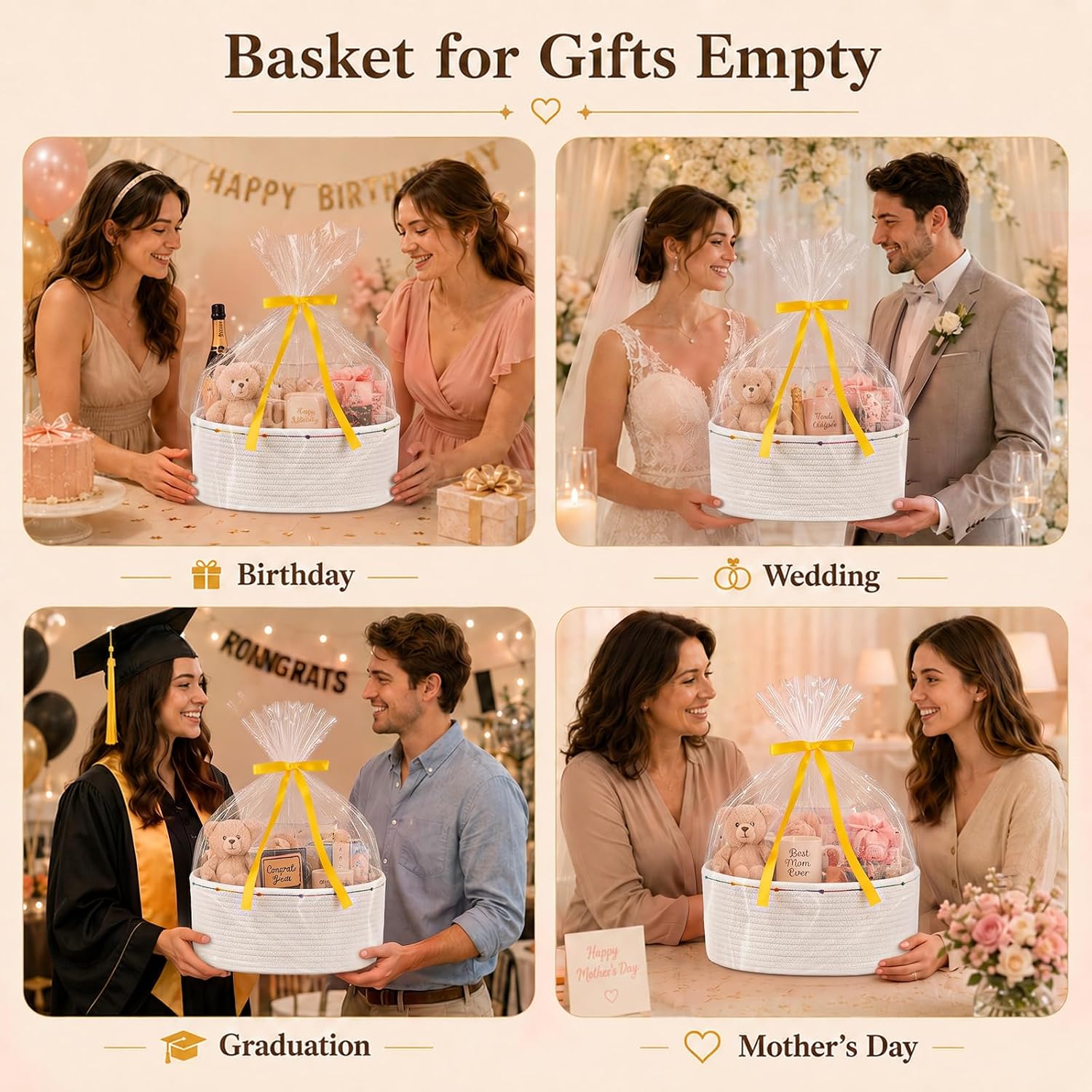 Large Gift Basket Empty, Cotton Rope Basket for Baby Shower,Festival,White | Woven Storage Basket with Gift Bag, Ribbon for Birthday,Wedding, Decorative Toy Bin for Nursery,Shelf