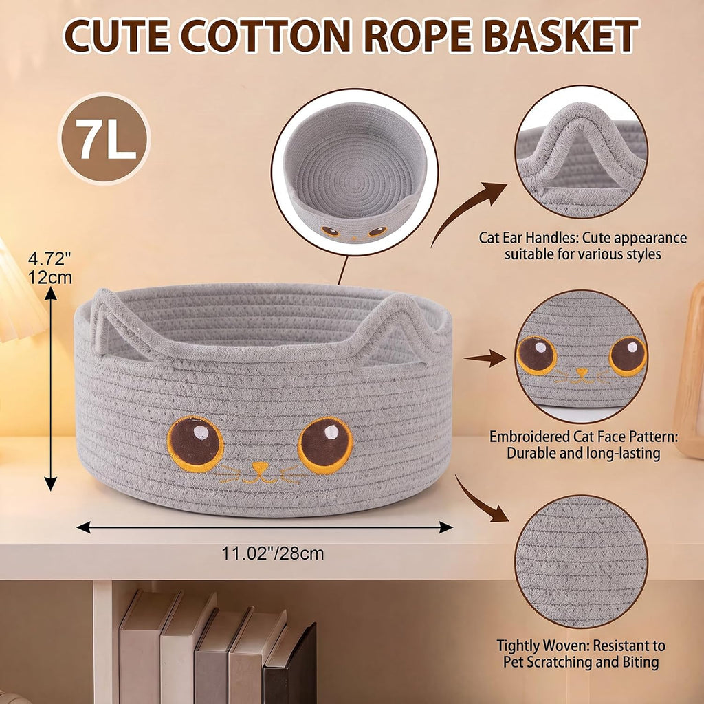 Small Cotton Rope Storage Basket,Round Cat Toy Basket for Living Room, Gray | Cute Decorative Dog Toy Basket, Toy Bin for Baby, Pet, Gift Basket for Halloween, Baby Shower , 11"×11"×4.7"