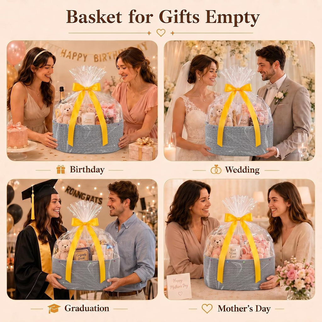 Large Gift Basket Empty, Cotton Rope Basket for Festival,Baby Shower,Grey | Woven Storage Basket with Gift Bag, Ribbon for Birthday,Wedding, Decorative Toy Bin for Nursery,Shelf