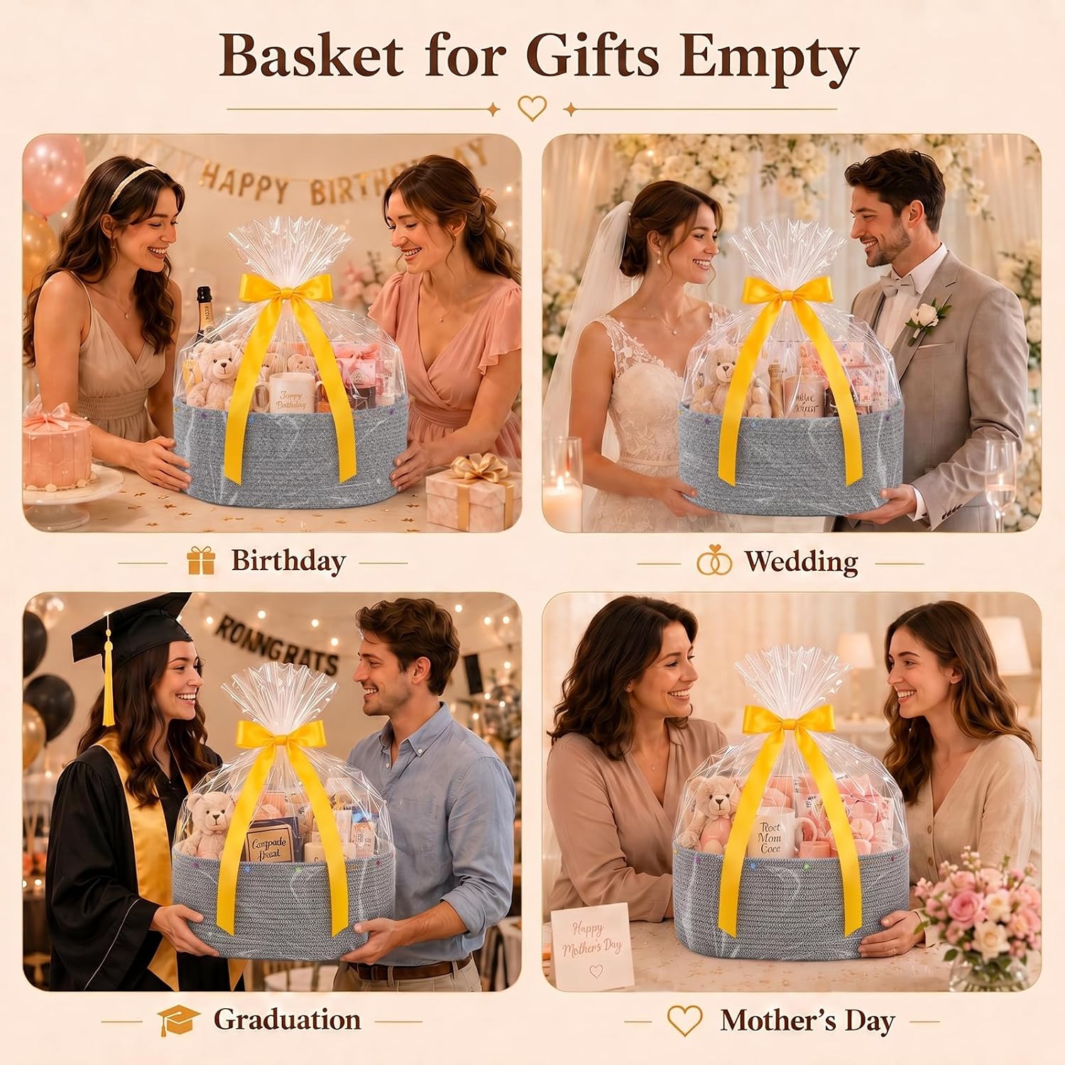 Large Gift Basket Empty, Cotton Rope Basket for Festival,Baby Shower,Grey | Woven Storage Basket with Gift Bag, Ribbon for Birthday,Wedding, Decorative Toy Bin for Nursery,Shelf