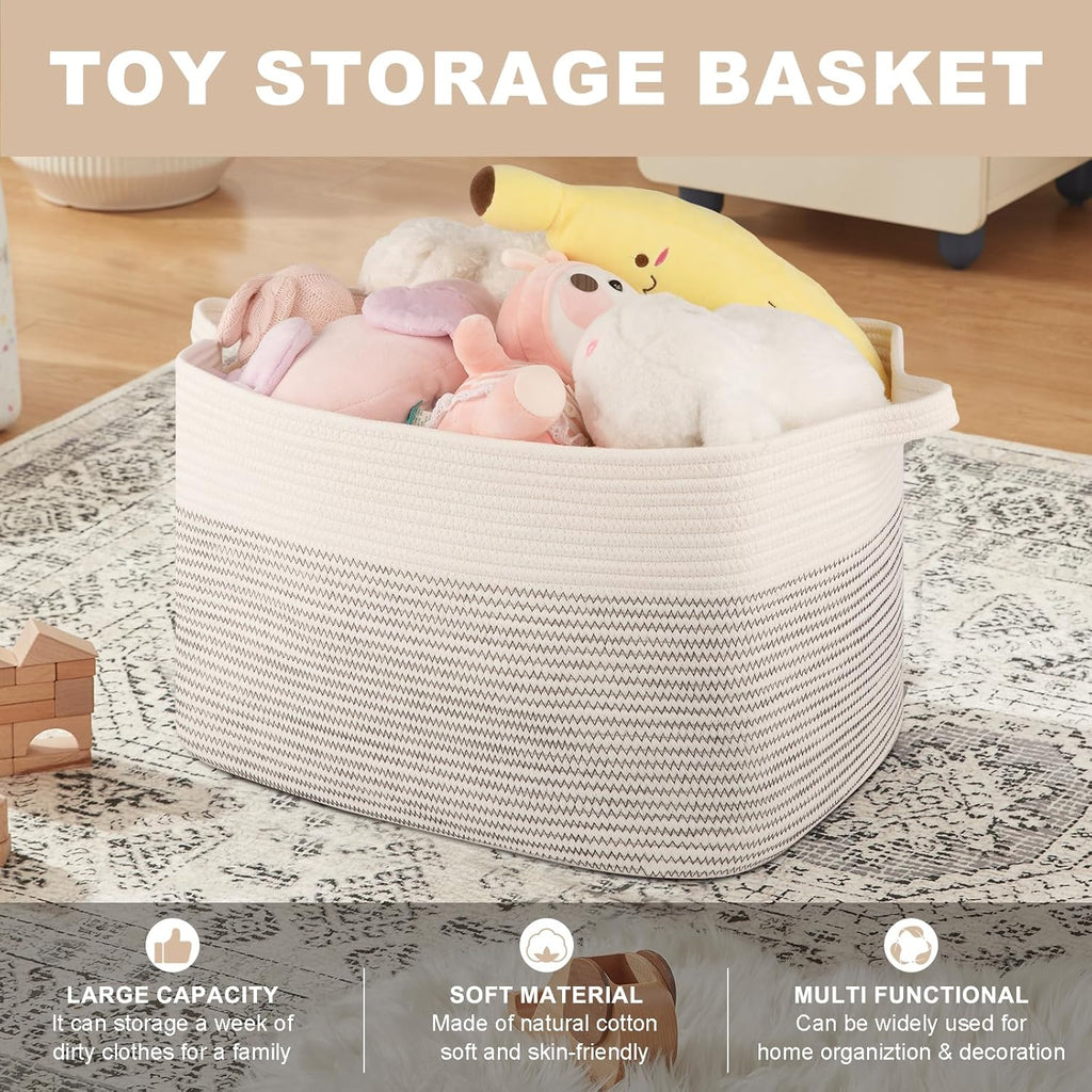 OIASKET Large Blanket Basket, Blanket Storage Living Room, Rectangle Woven Baskets for Storage Toys, Towels, Diry Clothes Organizer Bins (Black & White, 19.7"x15.8"x11.8")