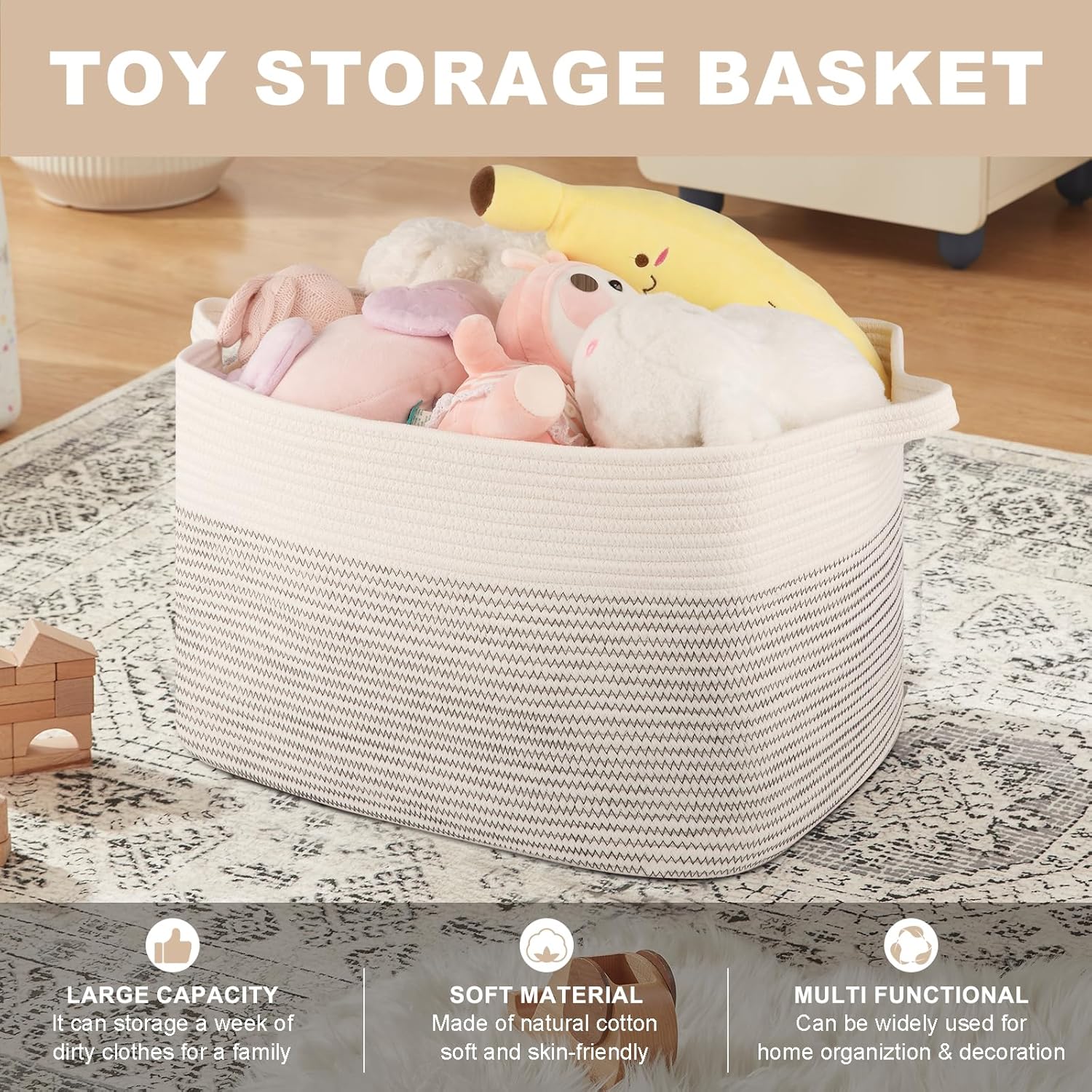 OIASKET Large Blanket Basket, Blanket Storage Living Room, Rectangle Woven Baskets for Storage Toys, Towels, Diry Clothes Organizer Bins (Black & White, 19.7"x15.8"x11.8")