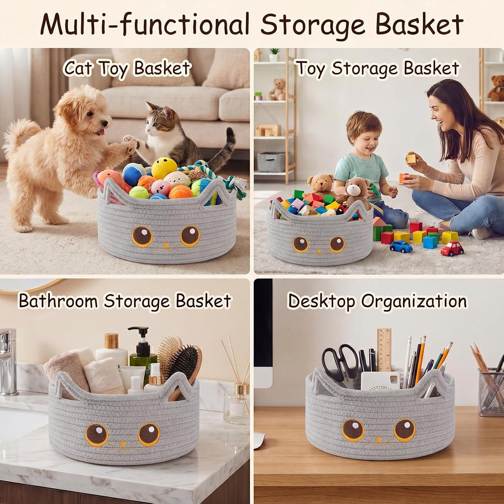 Small Cotton Rope Storage Basket,Round Cat Toy Basket for Living Room, Gray | Cute Decorative Dog Toy Basket, Toy Bin for Baby, Pet, Gift Basket for Halloween, Baby Shower , 11"×11"×4.7"