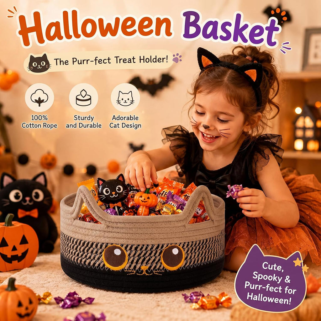 Small Cotton Rope Storage Basket,Round Cat Toy Basket,Beige & Black | Cute Decorative Dog Toy basket, Toy Bin for Baby, Pet, Gift Basket for Halloween, Baby Shower , 11"×11"×4.7"