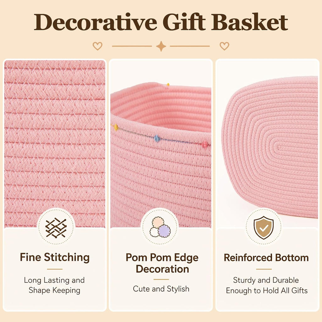 Large Gift Basket Empty, Cotton Rope Basket for Baby Shower,Festival,Pink | Woven Storage Basket with Gift Bag, Ribbon for Birthday,Wedding, Decorative Toy Bin for Nursery,Shelf