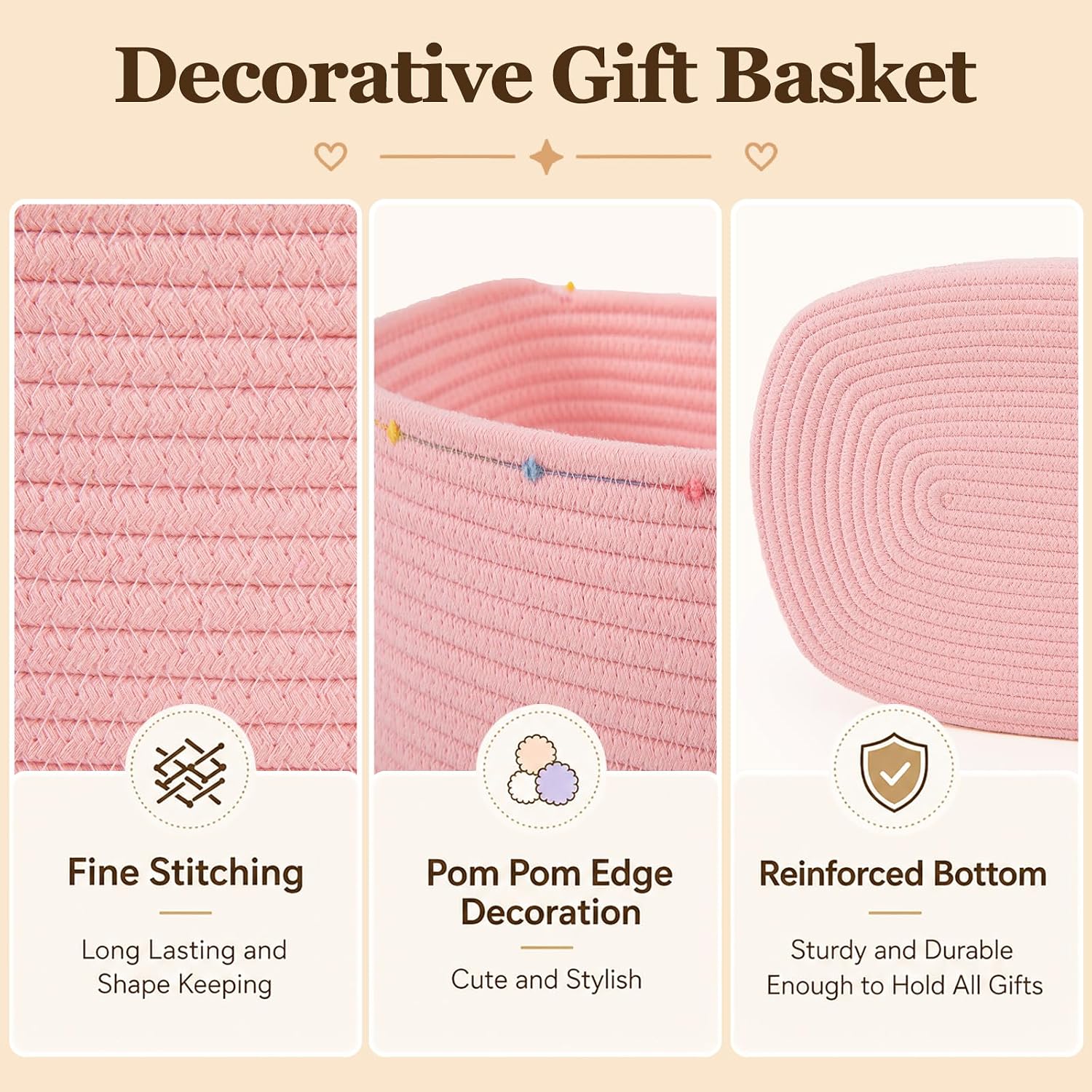 Large Gift Basket Empty, Cotton Rope Basket for Baby Shower,Festival,Pink | Woven Storage Basket with Gift Bag, Ribbon for Birthday,Wedding, Decorative Toy Bin for Nursery,Shelf