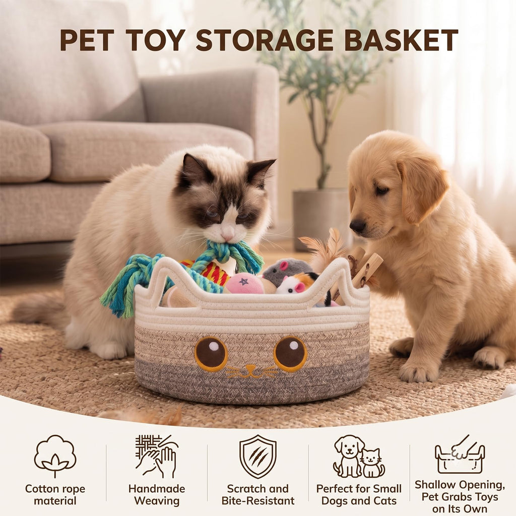 OIASKET Small Cotton Rope Storage Basket 11"×11"×4.7" Round Cat Toy Basket for Living Room, Gift Baskets for Baby Shower, Halloween, Cute Decorative Pet Toy Box, Brown Gradient