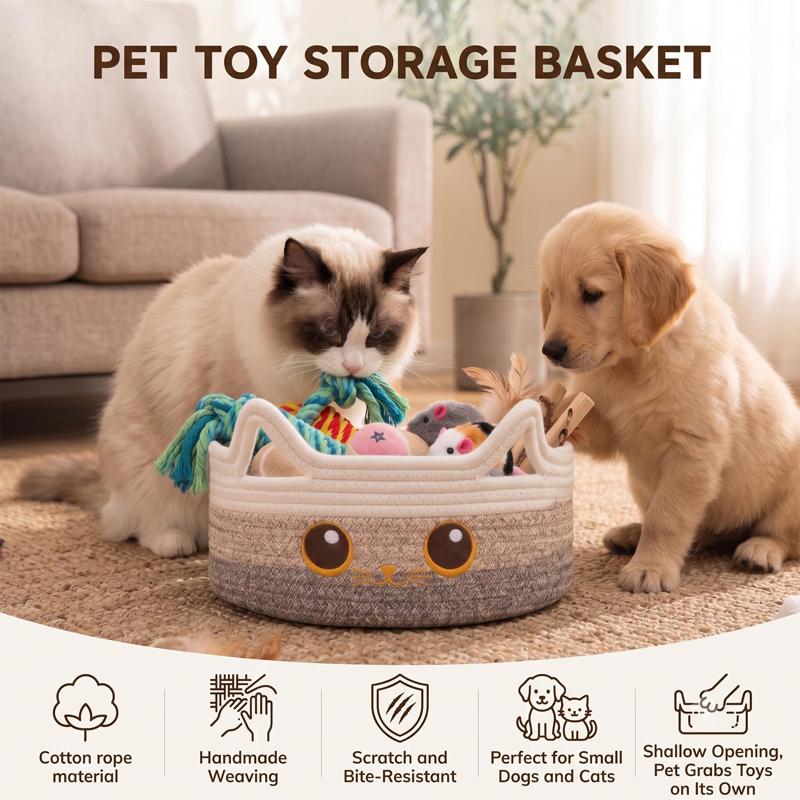 OIASKET Small Cotton Rope Storage Basket 11"×11"×4.7" Round Cat Toy Basket for Living Room, Gift Baskets for Baby Shower, Halloween, Cute Decorative Pet Toy Box, Brown Gradient