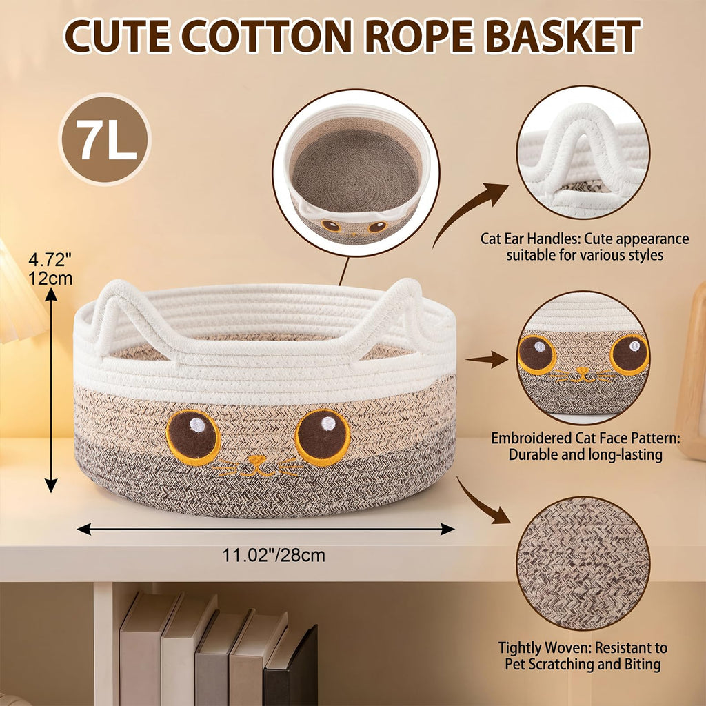OIASKET Small Cotton Rope Storage Basket 11"×11"×4.7" Round Cat Toy Basket for Living Room, Gift Baskets for Baby Shower, Halloween, Cute Decorative Pet Toy Box, Brown Gradient