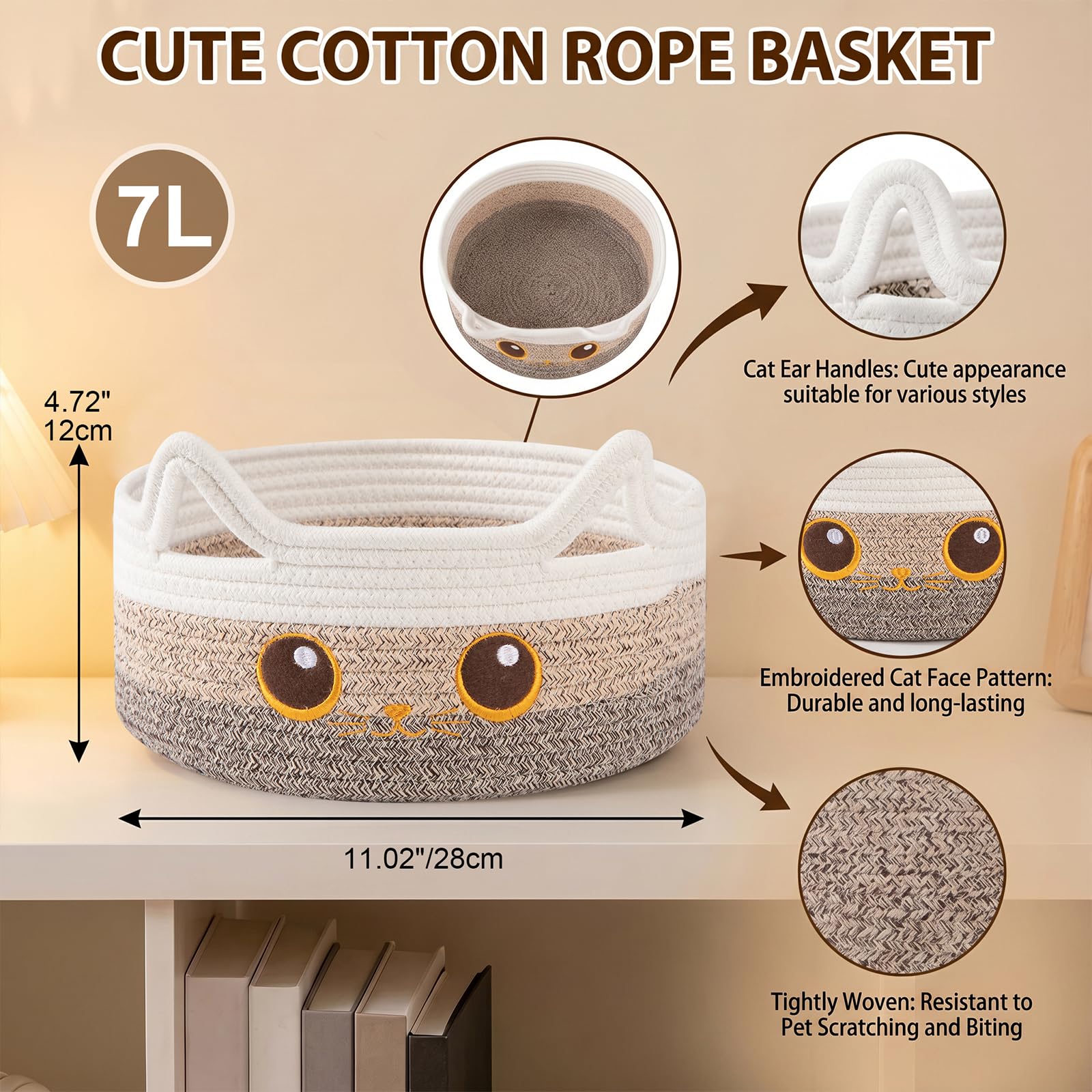 OIASKET Small Cotton Rope Storage Basket 11"×11"×4.7" Round Cat Toy Basket for Living Room, Gift Baskets for Baby Shower, Halloween, Cute Decorative Pet Toy Box, Brown Gradient