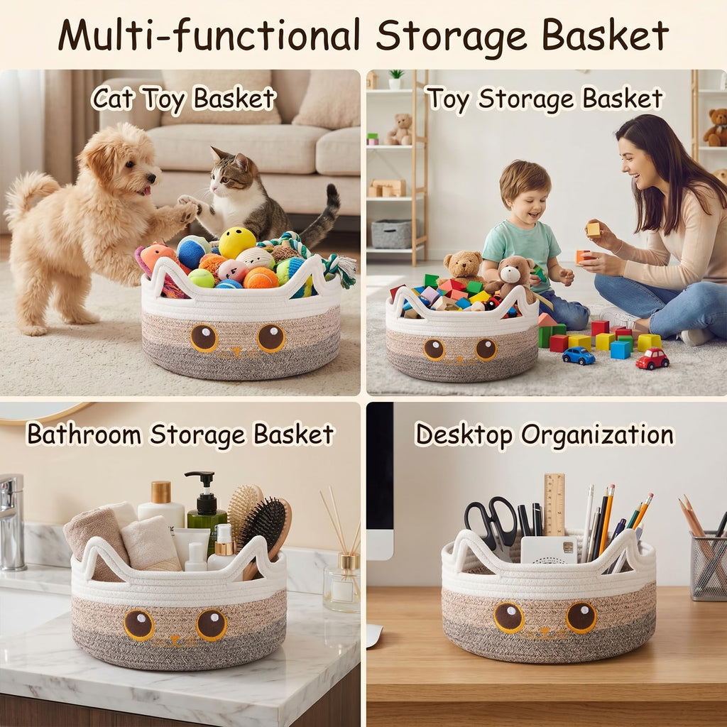 OIASKET Small Cotton Rope Storage Basket 11"×11"×4.7" Round Cat Toy Basket for Living Room, Gift Baskets for Baby Shower, Halloween, Cute Decorative Pet Toy Box, Brown Gradient