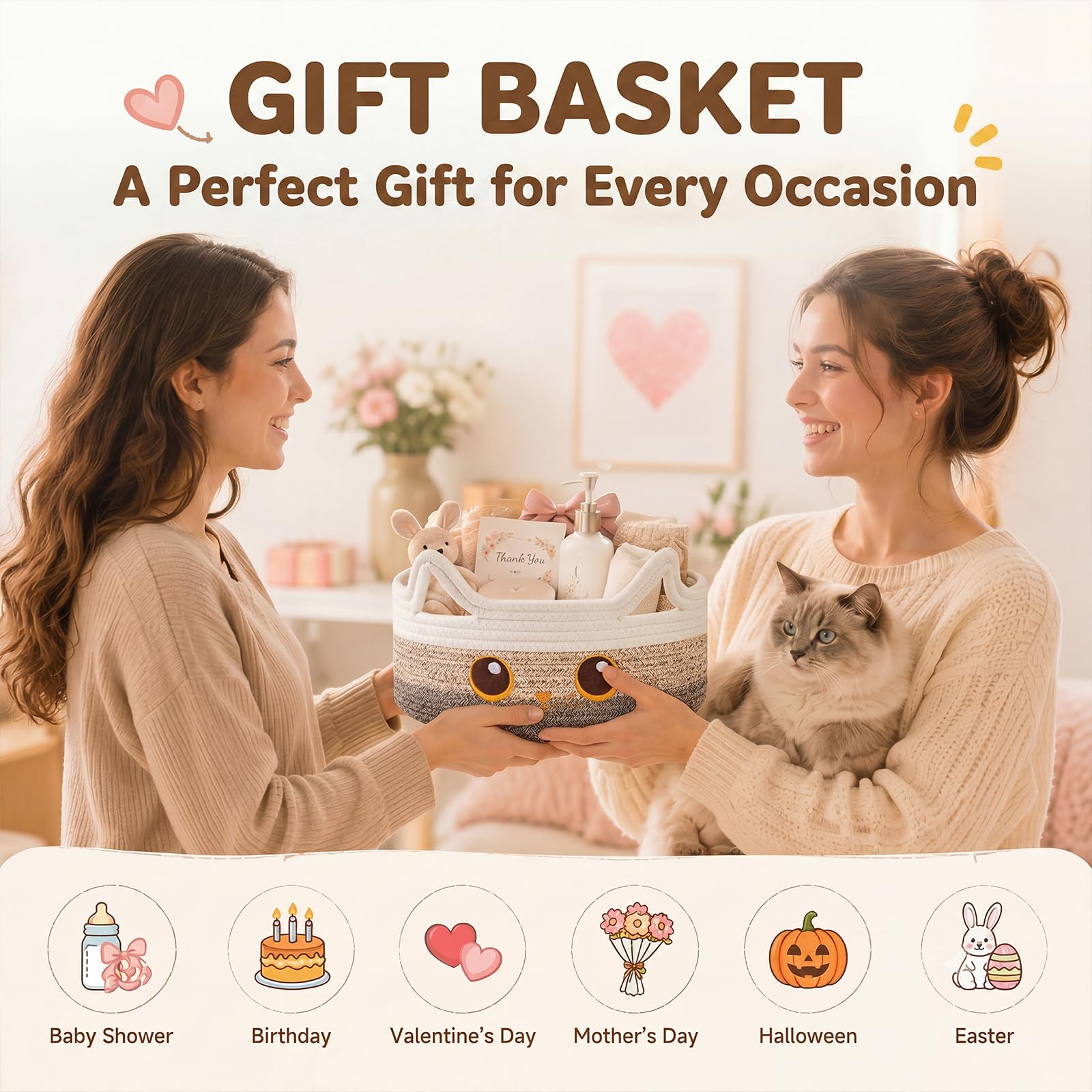 OIASKET Small Cotton Rope Storage Basket 11"×11"×4.7" Round Cat Toy Basket for Living Room, Gift Baskets for Baby Shower, Halloween, Cute Decorative Pet Toy Box, Brown Gradient