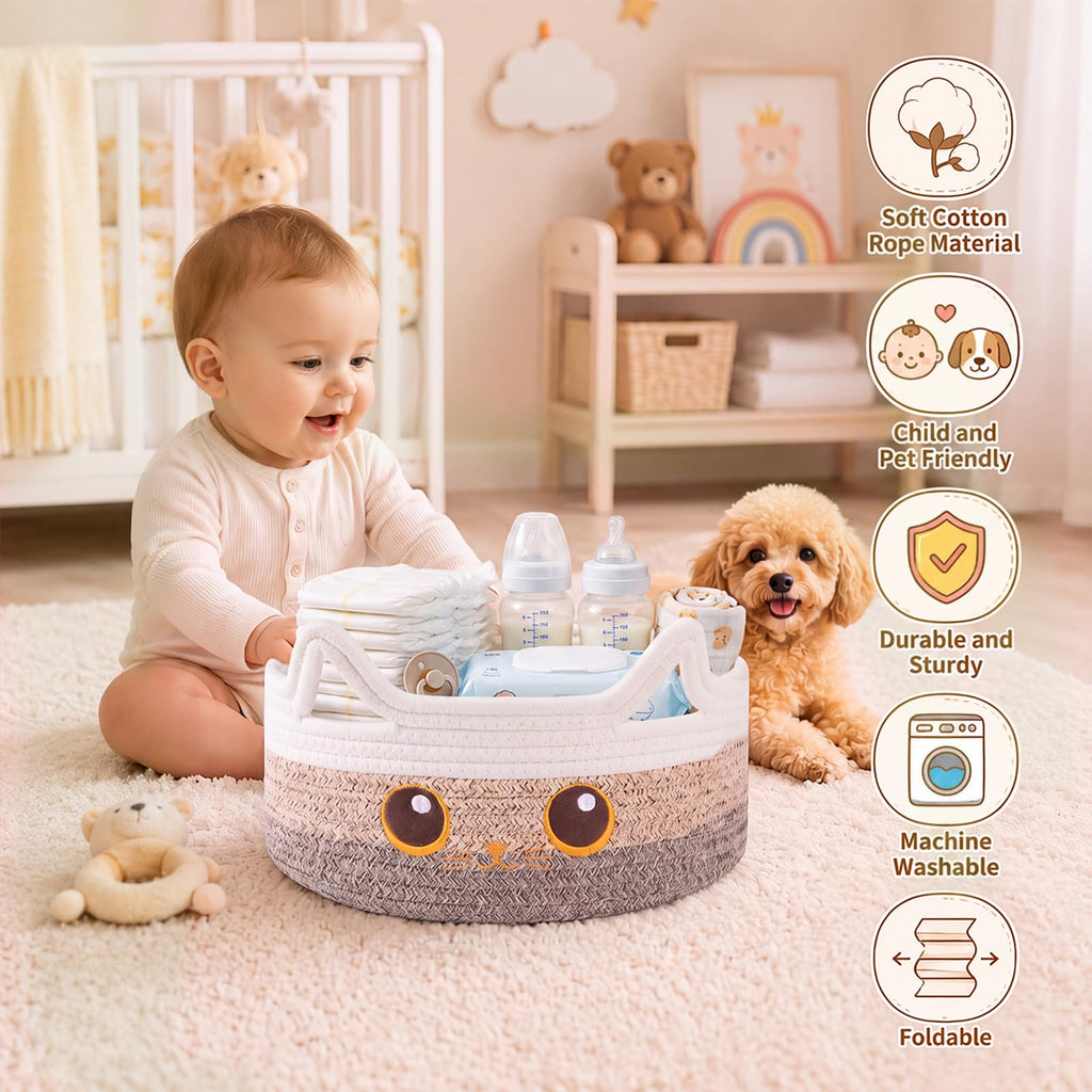 OIASKET Small Cotton Rope Storage Basket 11"×11"×4.7" Round Cat Toy Basket for Living Room, Gift Baskets for Baby Shower, Halloween, Cute Decorative Pet Toy Box, Brown Gradient